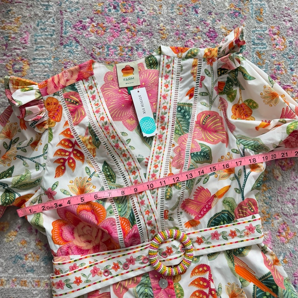 NWT FARM Rio Pink, Green & Orange Tropical Floral Belted Romper - Picture 11 of 15